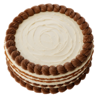 Aerial view of a layered cake with white frosting and chocolate decorations around the top edge of it transparent background png