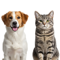 A friendly dog with open mouth and a tabby cat sitting side by side against a plain backdrop image transparent background png