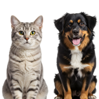 A gray tabby cat and a tricolor dog sitting side by side looking at the viewer in a studio shot transparent background png