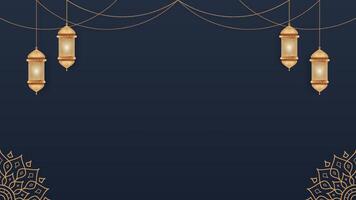 Simple Luxurious Islamic Blank Horizontal Background Design with Ornate Gold Lanterns And Decorations On Deep Blue Gradient Theme vector