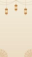 Simple Stunning Soft Beige Islamic Art Blank Vertical Background Design Featuring Gold Lanterns and Mandala Patterns vector