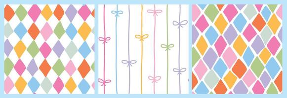 Nursery seamless patterns with rhombuses and bows for wallpaper, wrapping paper, textile prints, scrapbooking, stationery, etc. EPS 10 vector