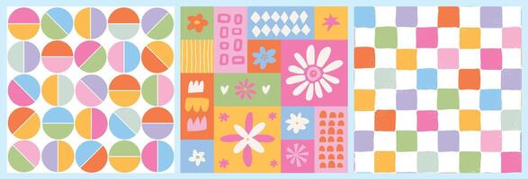 Colorful retro seamless patterns with abstract shapes for wallpaper, wrapping paper, stationery, backgrounds, textile prints, bauhaus decor, etc. EPS 10 vector