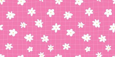 Groovy floral pattern on pink textured background for nursery prints, stationery, wallpaper, apparel decor, wrapping paper, textile, etc. EPS 10 vector