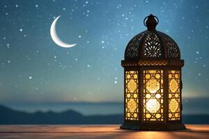 Decorative lantern glowing under a crescent moon and night sky photo