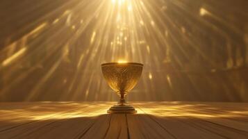 Golden chalice illuminated by radiant light on wooden surface reflecting divinity and mystery photo
