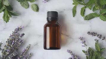 Amber glass bottle with lavender and mint on marble background reflecting natural aromatherapy photo