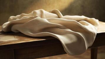 Luxurious fabric draped elegantly over rustic wooden table for home decor concept photo
