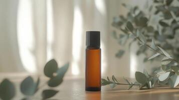 Amber glass bottle surrounded by eucalyptus leaves on wooden table for aromatherapy concept photo