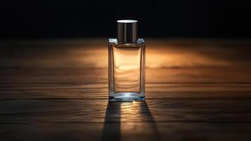 Elegant perfume bottle illuminated on wooden surface highlighting luxurious fragrance concept photo