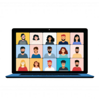Virtual meeting on laptop screen featuring multiple participants engaged in discussion, showcasing diverse individuals in professional setting, creating sense of connection and collaboration png