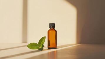Amber glass bottle with mint leaves in minimalist sunlit setting photo