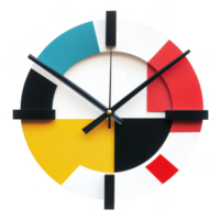 Minimalist clock design featuring Bauhaus style with colorful clock face. clock combines geometric shapes and vibrant colors, creating modern aesthetic that enhances any space png