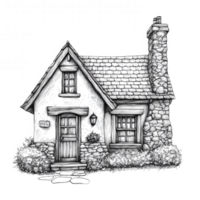 hand drawn pencil sketch of cozy cottage featuring stone chimney, wooden door, and charming windows. uneven edges add rustic feel, evoking warmth and nostalgia png