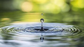 Droplet splash creating perfect ripple in calm water surface with green bokeh background photo
