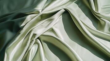 Elegant green satin fabric with soft waves and folds in luxurious setting photo