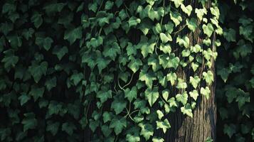 Lush green ivy leaves climbing on tree trunk in dense forest environment photo