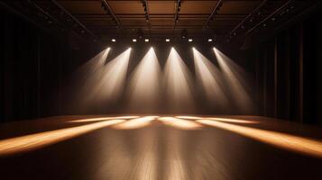 Dramatic theater stage with illuminated spotlights creating dynamic lighting effect photo