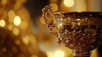 Elegant golden trophy with ornate design in soft focus lighting photo