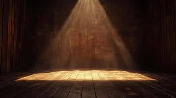 Dramatic light beam illuminating empty wooden stage in rustic setting photo
