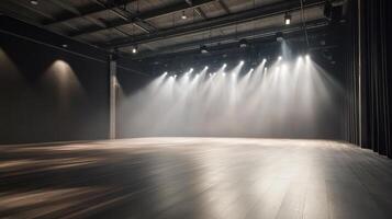 Empty theater stage with overhead lighting creating a dramatic atmosphere photo