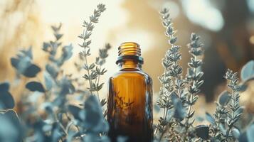 Amber glass bottle amidst lavender flowers in sunlight - aromatherapy concept photo