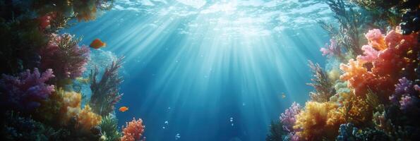 Sunlight illuminating vibrant colorful coral reef under tranquil ocean water photo