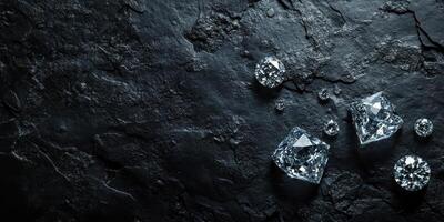 Sparkling diamonds on dark stone surface highlighting luxury and elegance concept photo