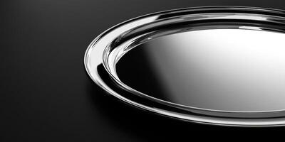 Elegant silver metal circular tray on black background for modern decor and function photo
