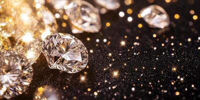 Sparkling diamonds on black surface with glowing light reflections photo