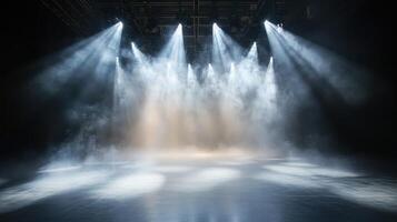 Theater stage illuminated by bright spotlight with atmospheric fog effect photo