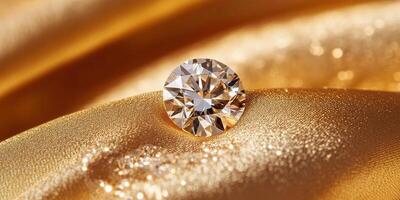 Brilliant diamond resting on elegant gold satin fabric symbolizing luxury and elegance photo
