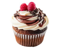 A cupcake with chocolate frosting and raspberries png