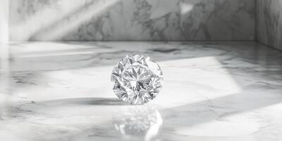 Sparkling solitaire diamond on marble surface symbolizing luxury and elegance photo