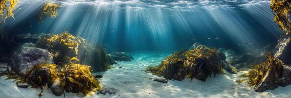 Sunlight streaming in underwater ocean scene with kelp and rocks beneath the surface photo