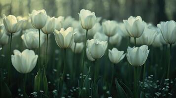 Serene field of white tulips in bloom capturing nature's tranquility and beauty photo