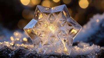 Intricate ice crystal shaped as star featuring unique geometric patterns in winter light photo