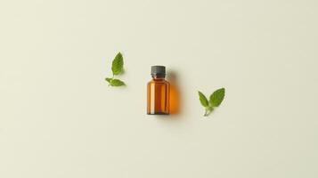 Aromatic essential oil in amber bottle with fresh mint leaves on light background photo