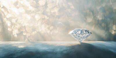 Sparkling diamond on reflective surface with soft background light photo