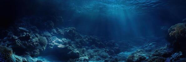 Sunlight filtering through ocean water illuminating underwater coral reef landscape photo