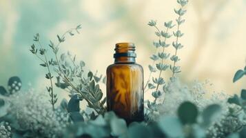 Amber glass bottle surrounded by greenery and soft focused background photo