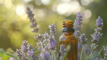 Aromatherapy and relaxation concept with lavender and essential oil bottle photo