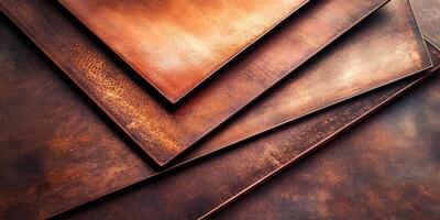 Abstract composition of copper sheets with textured surface patterns and warm tones photo