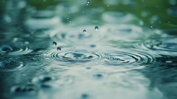 Close-up of water droplets creating ripples on a calm surface with green background photo