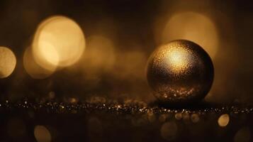 Golden sphere on glittering surface with soft focus bokeh background photo