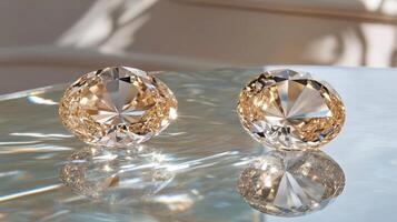 Elegant sparkling diamonds on reflective glass surface in soft light photo