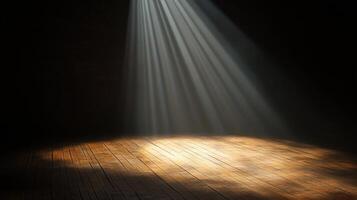 Sunlight beam illuminating wooden floor in dark room concept photo