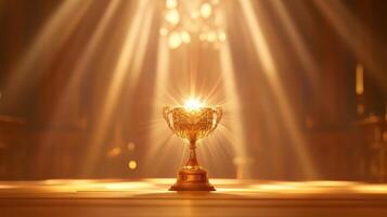 Golden trophy illuminated by radiant sunlight symbolizing achievement and victory photo