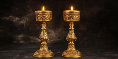 Ornate golden candlesticks with burning flames on a dark background photo