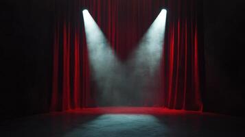 Dramatic stage with red curtains and bright spotlights creating a mysterious atmosphere photo
